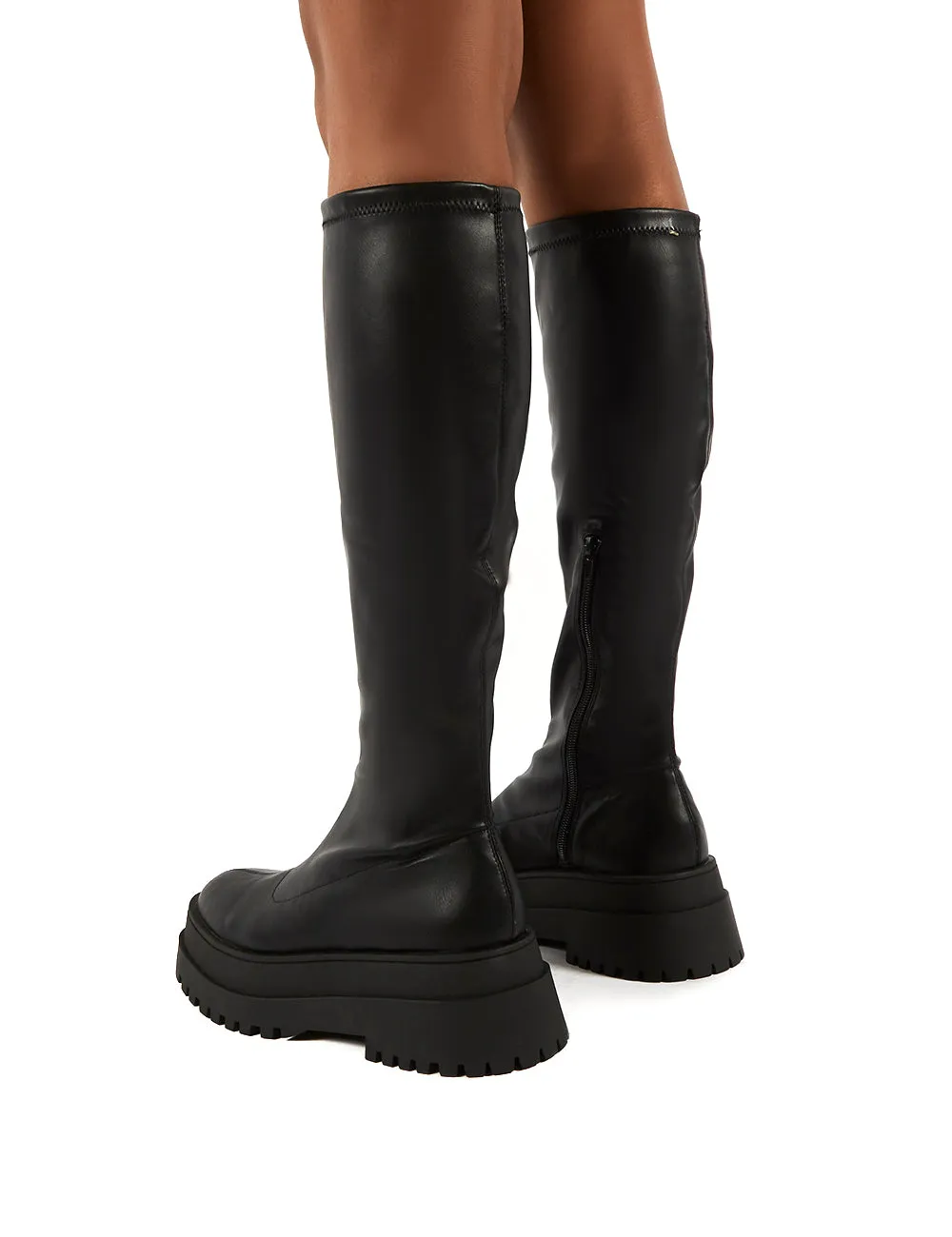Haunt Black PU Knee High Chunky Sole Boots